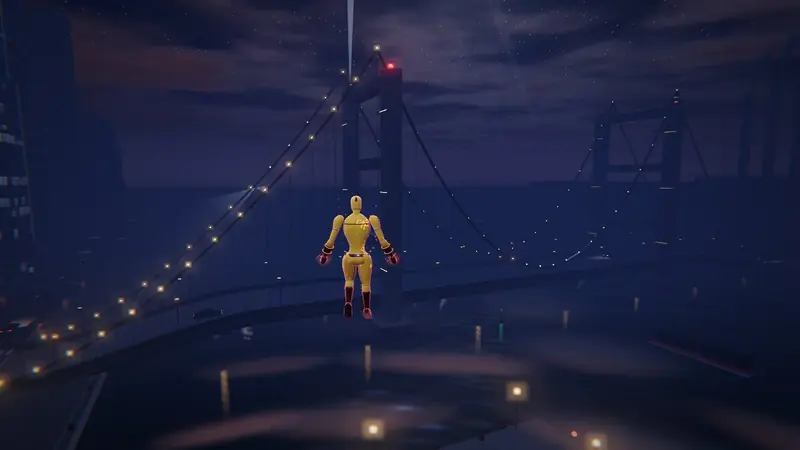 A flying character above Thirteen Bridge and the bay at night