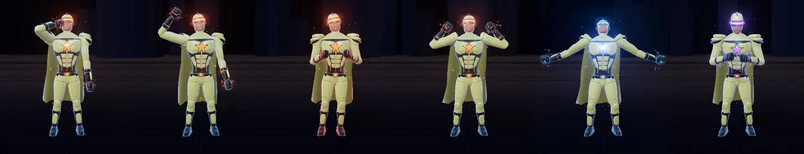 Six emotes: salute, wave, taunt, flex, and two power show-offs