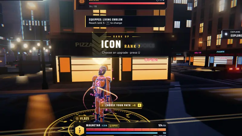 A rank-up eruption of power around a character in the street