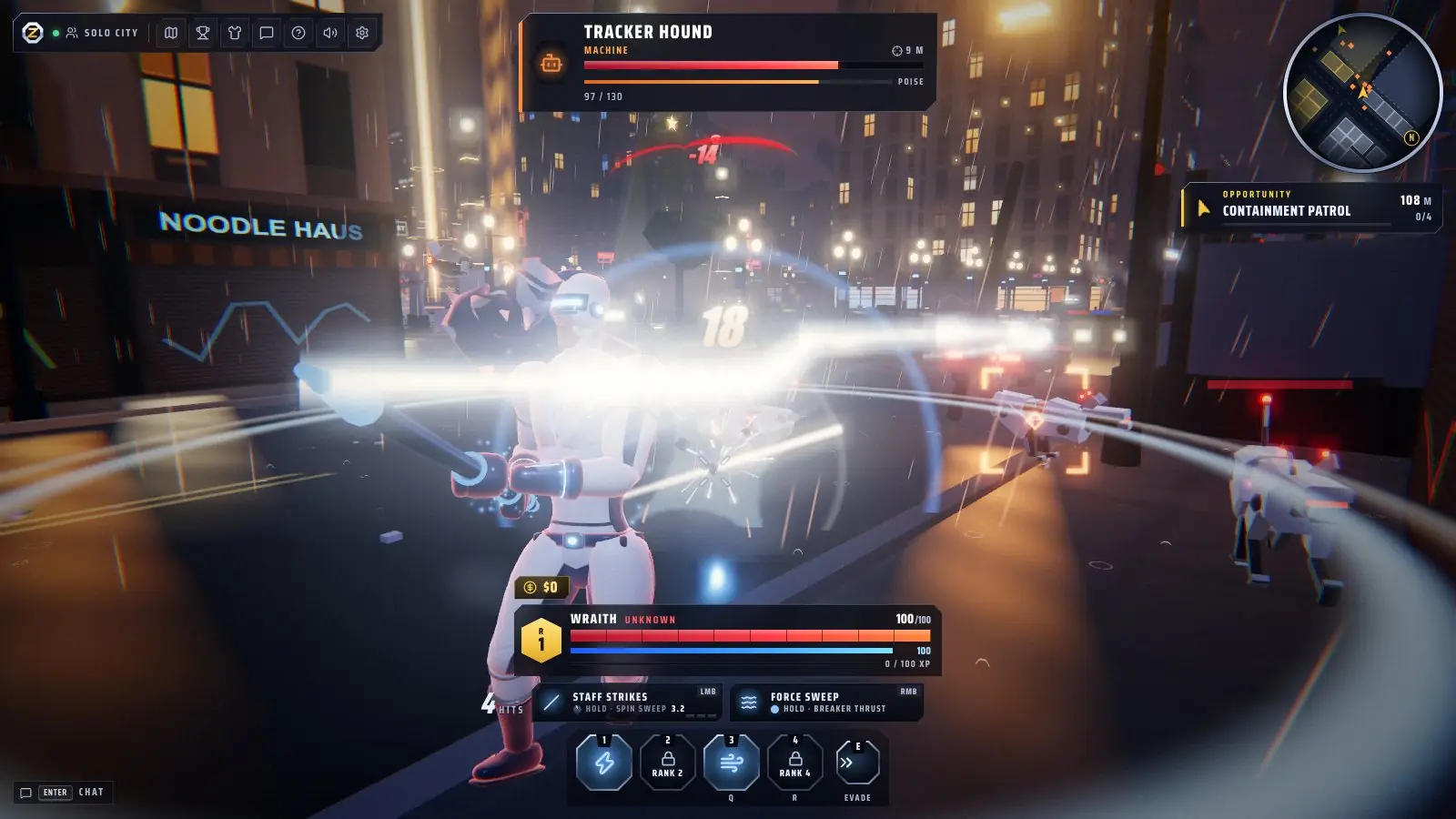 A Staff spin sweep tears through a Tracker hound pack on a rain-soaked street
