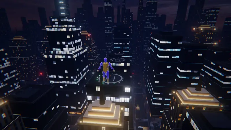 A flying character above the illuminated towers of Meridian Heights