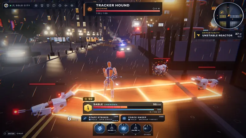 A Tracker hound pack closes in with a glowing pounce line on the street