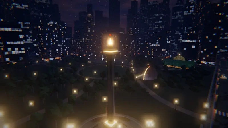 The Founders' Column glowing over Founders Park