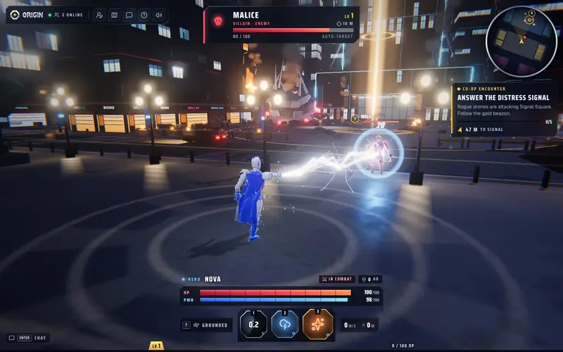 A hero's lightning meets a villain's blast in an open plaza