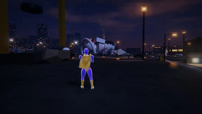 A hero stands in the Scrapyard beside a fallen Warden-class hulk