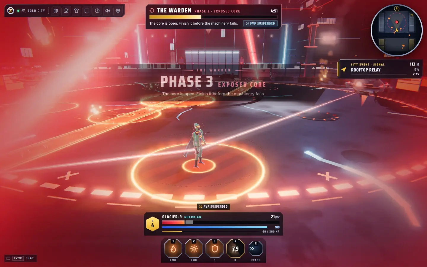 A lone hero in the Warden's arena during phase 3, the floor glowing red